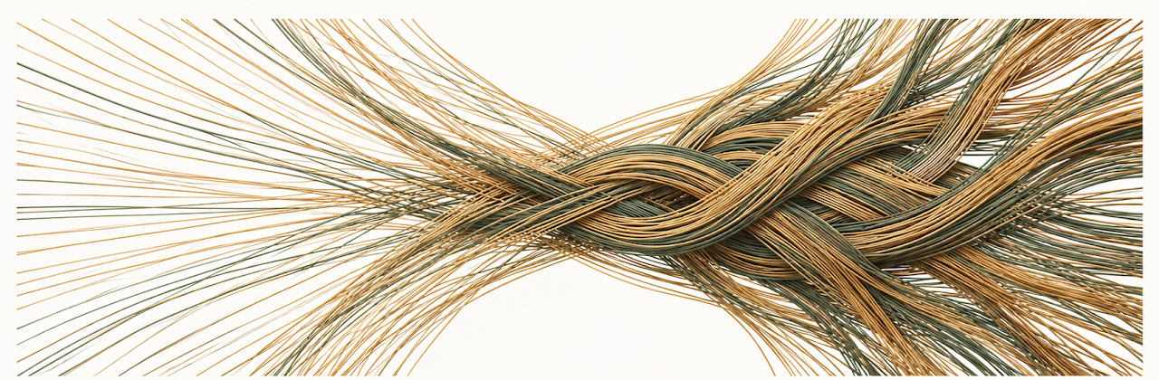 Hundreds of loose gold and green threads gathering from both sides and braiding into a single cord.